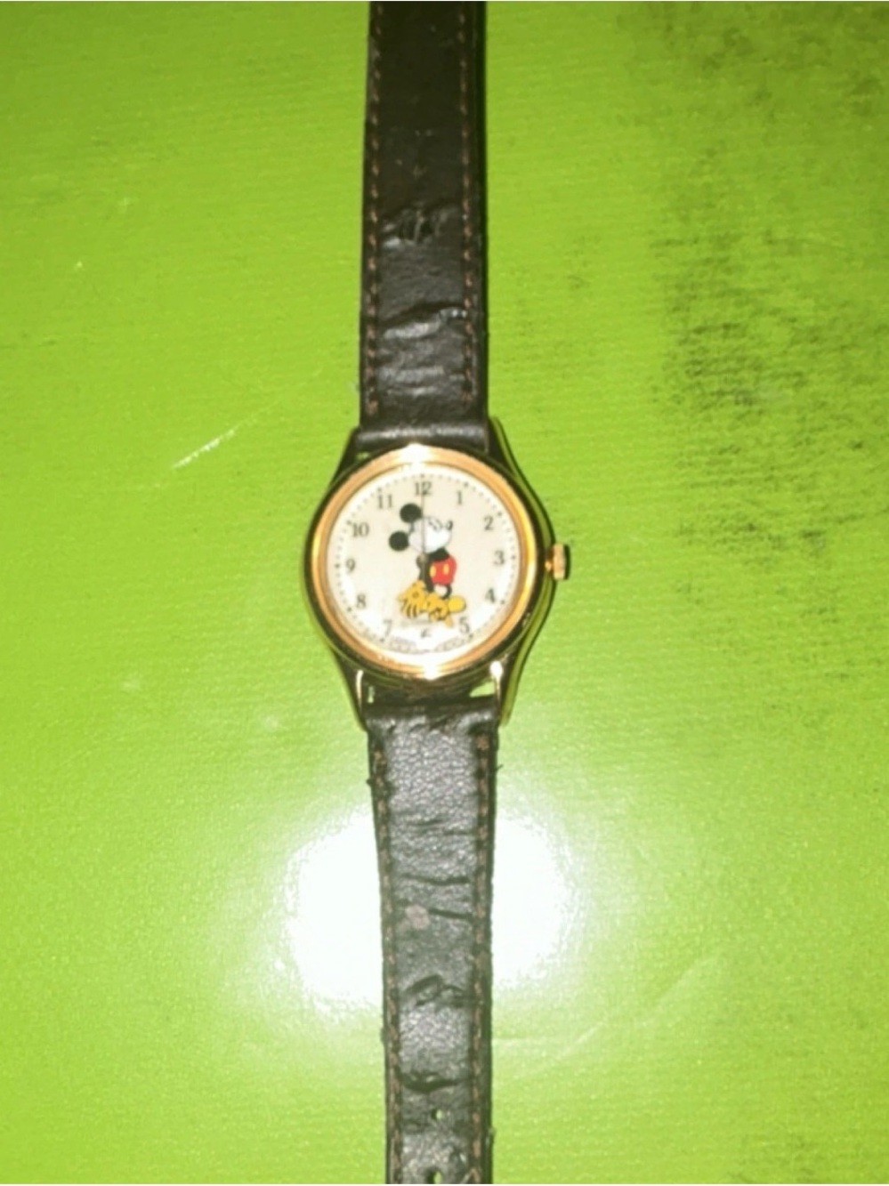 Disney Mickey Mouse Watch - Black Strap, Gold Case, White Dial